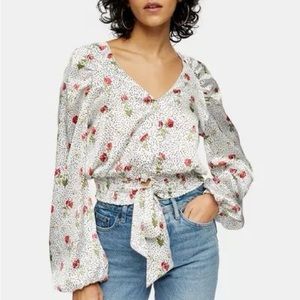Topshop Floral Dots Tie Front Satin Blouse (Sz 8P)